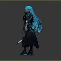 3D Character With Long Blue Hair Black Outfit And Glowing Blue Sword