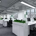 Modern Public Office Space With Open Layout Desks Computers Green Plants And City View Windows 3d model