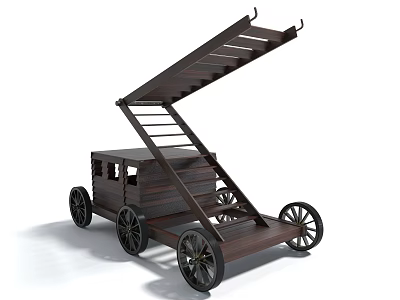 Vintage Wooden Cart Design With Extendable Ladder And Four Spoked Wheels 3d model