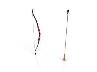 Traditional Archery Weapon Bow And Arrow With Red Decor And Wooden Shaft 3d model