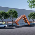 Orange Geometric Structure Entrance Gate With Trees Pedestrians And Vehicles Against Grey Building Background