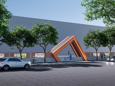 Orange Geometric Structure Entrance Gate With Trees Pedestrians And Vehicles Against Grey Building Background 3d model