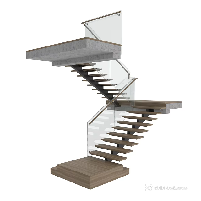 Modern Floating Staircase With Glass Railings Concrete Steps And Wooden Treads 3d model 
