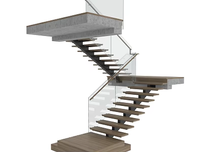 Modern Floating Staircase With Glass Railings Concrete Steps And Wooden Treads 3d model