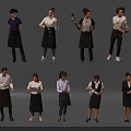 Multiple Service Staff Members With Uniforms Aprons Trays And Menus In Different Poses