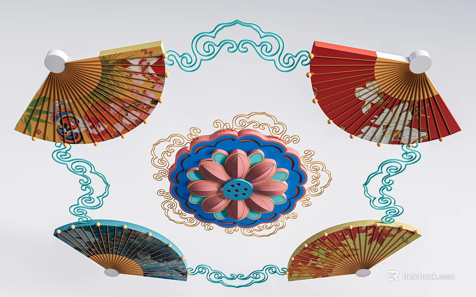 Traditional Chinese Lanterns With Decorative Lotus Pattern Cloud Borders And Colorful Fans 3d model 