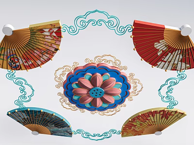 Traditional Chinese Lanterns With Decorative Lotus Pattern Cloud Borders And Colorful Fans 3d model