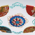 Traditional Chinese Lanterns With Decorative Lotus Pattern Cloud Borders And Colorful Fans