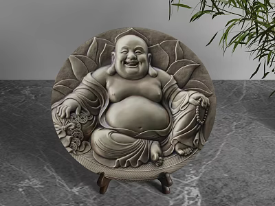 Decorative Ornament Combination Featuring Laughing Buddha Circular Design With Carved Details And Stand 3d model