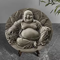 Decorative Ornament Combination Featuring Laughing Buddha Circular Design With Carved Details And Stand