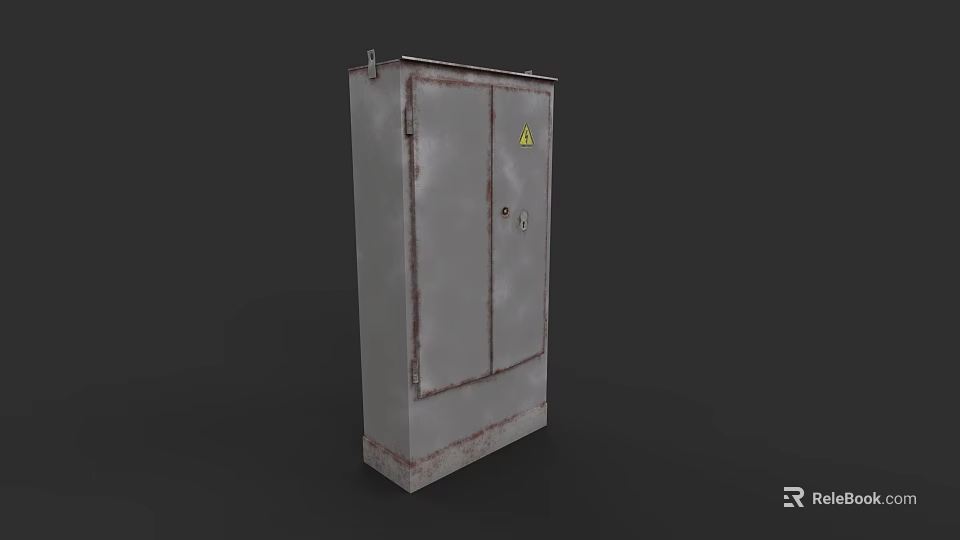 Rusty Metal Electrical Control Box With Double Doors And Yellow Warning Sign 3d model 