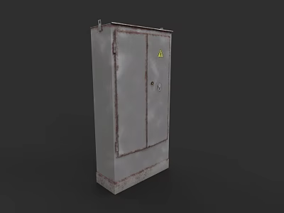 Rusty Metal Electrical Control Box With Double Doors And Yellow Warning Sign 3d model