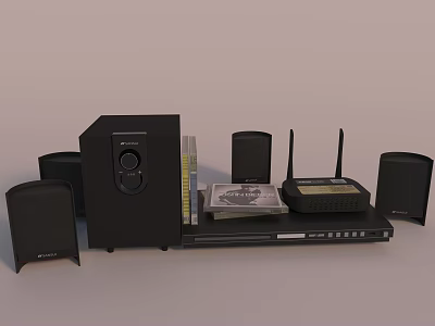 Modern Entertainment Electronics System With Multiple Speakers DVD Player Wireless Router And CD Discs 3d model