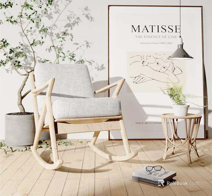 Modern Leisure Rocking Chair With Light Gray Cushion Wooden Frame Side Table And Potted Plant 3d model 