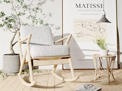 Modern Leisure Rocking Chair With Light Gray Cushion Wooden Frame Side Table And Potted Plant 3d model