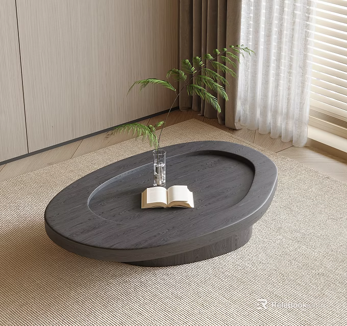 Modern Oval Dark Wooden Coffee Table With Open Book Glass Vase Plant On Light Carpet 3d model 