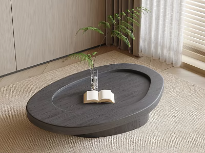 Modern Oval Dark Wooden Coffee Table With Open Book Glass Vase Plant On Light Carpet 3d model