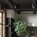 Industrial Modern Living Dining Room Interior With Red Brick Wall Black Ceiling And Geometric Rug