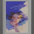 Watercolor Portrait Painting Of Young Woman With Flowing Blue Purple Hair And Yellow Flowers
