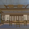 Ancient Chinese Architecture Interior Featuring Wooden Structure Carved Decorations Blue Curtains Round Table And Chairs