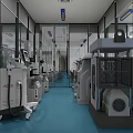 Modern Laboratory Interior With Blue Flooring Glass Partitions White Cabinets And Long Tables
