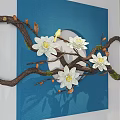 Elegant Wall Decor On White Wall With Blue Square Background Branches And White Flowers 3d model