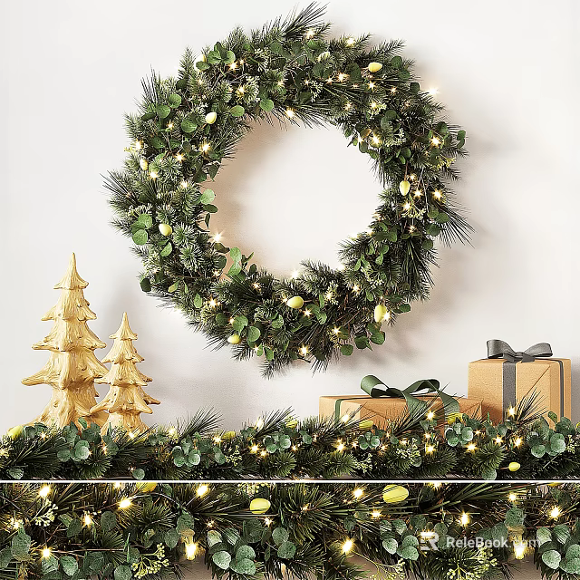 Festive Christmas Wreath Wall Decor with String Lights Small Trees and Gift Boxes 3d model