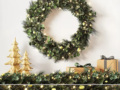 Festive Christmas Wreath Wall Decor with String Lights Small Trees and Gift Boxes 3d model