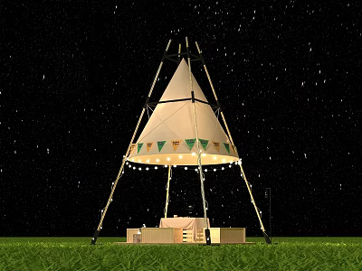 Conical Tent with Decorative Patterns String Lights Table and Chairs Under Starry Sky on Grass 3d model