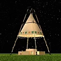 Conical Tent with Decorative Patterns String Lights Table and Chairs Under Starry Sky on Grass 3d model