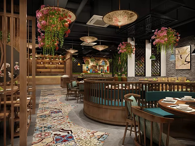 Elegant Restaurant Interior With Hanging Floral Lights Wooden Furniture Round Seating And Colorful Carpet 3d model