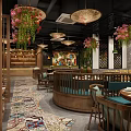 Elegant Restaurant Interior With Hanging Floral Lights Wooden Furniture Round Seating And Colorful Carpet