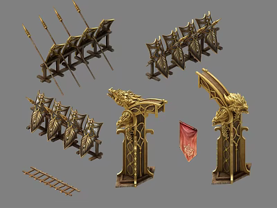 Ancient Weapons Collection Featuring Spears Shields Ladders Decorative Pillars And Flags 3d model