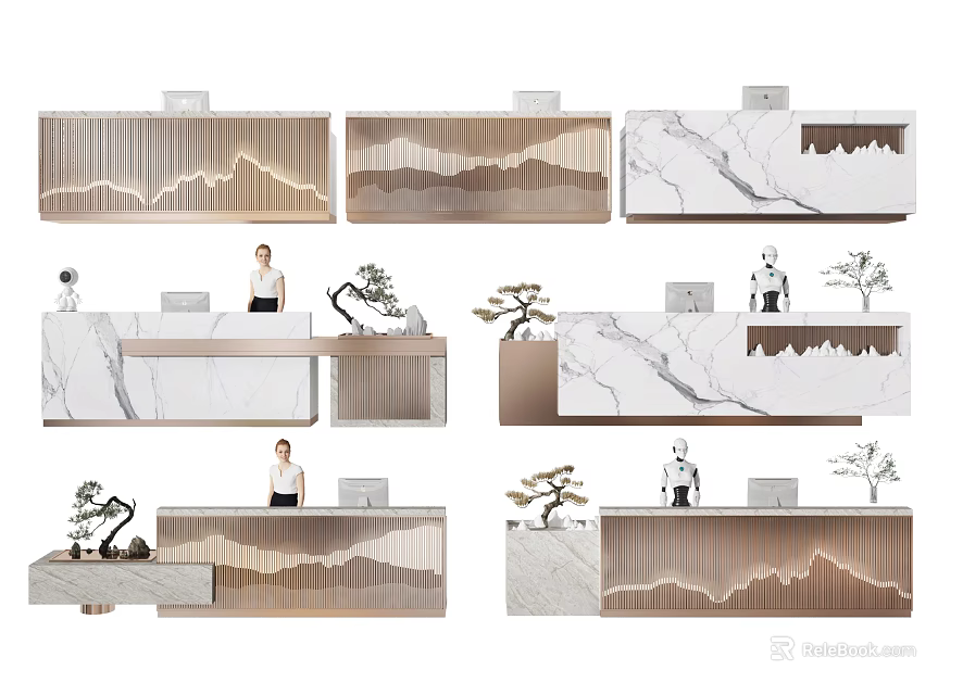 Modern Reception Desk Design With Marble Counter Wooden Frame And Decorative Potted Plants 3d model 