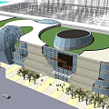 Modern Commercial Complex with High Rise Building Shopping Mall Green Roof Plaza and Pedestrian Area