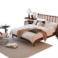 Double Bed with Wooden Wavy Headboard White Bedding Side Table Lamp Armchair and Carpet