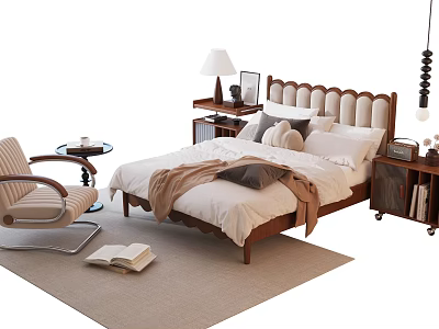 Double Bed with Wooden Wavy Headboard White Bedding Side Table Lamp Armchair and Carpet 3d model