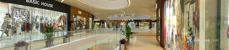 Modern Shopping Mall Lobby With Glass Railings Hanging Lights Green Plants And Tiled Floor 3d model 