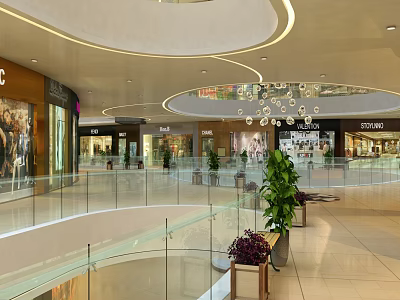 Modern Shopping Mall Lobby With Glass Railings Hanging Lights Green Plants And Tiled Floor 3d model