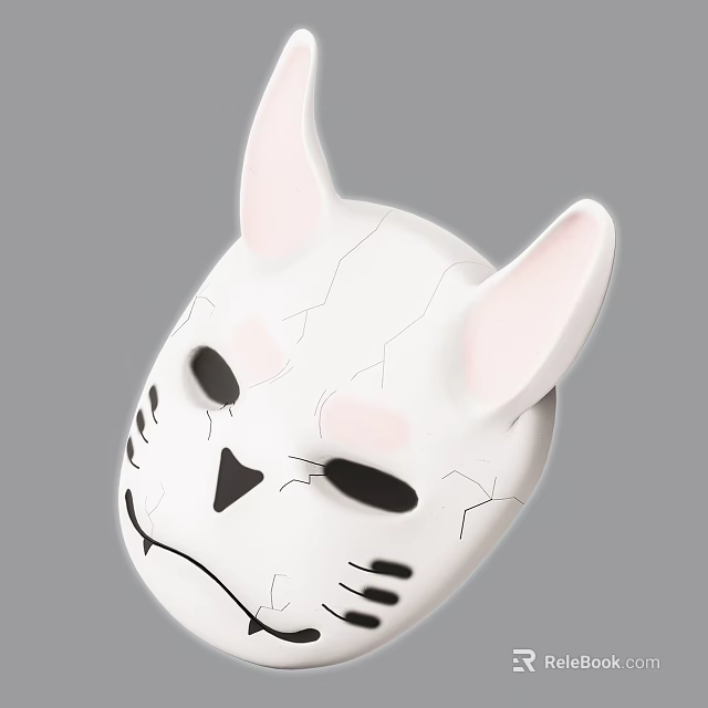 Decorative White Cat Mask With Pink Ears Cracks Black Eyes And Whiskers 3d model 