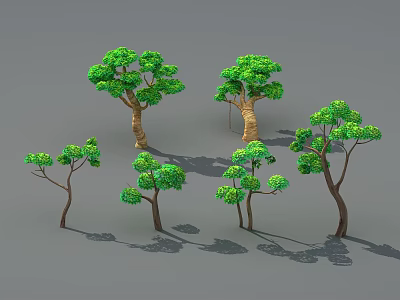Different Types Of Green Leafy Trees With Various Heights And Shapes 3d model