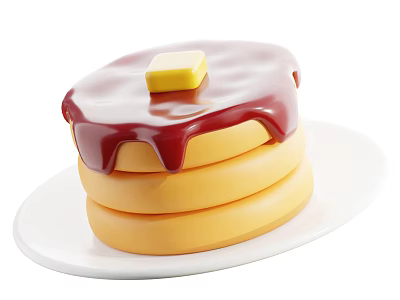 Stack of Pancakes with Butter and Red Sauce on White Plate 3d model