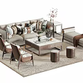 Modern Sofa Coffee Table Set With Decorative Pillows Marble Top Accent Chairs And Patterned Rug 3d model