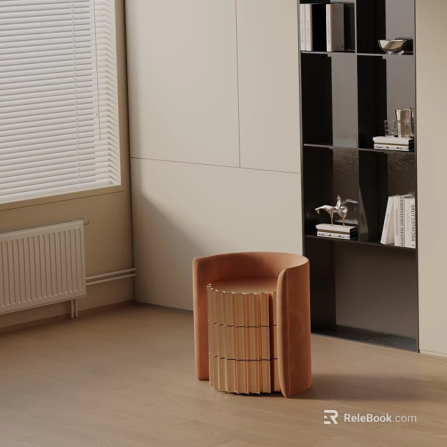 Brown Striped Wooden Bedside Table In Modern Minimalist Room With Black Bookshelf And Window Blinds 3d model 