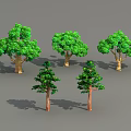 Set Of Various Green Leaf Trees With Different Sizes Brown Trunks And Shadows 3d model