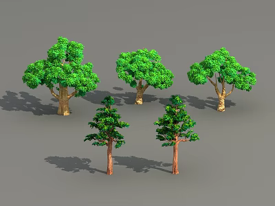 Set Of Various Green Leaf Trees With Different Sizes Brown Trunks And Shadows 3d model
