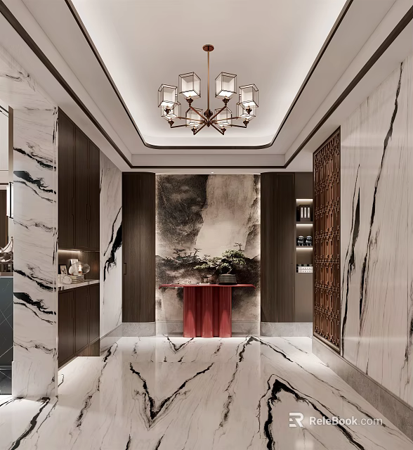 Luxurious Foyer Hallway Interior With Marble Walls Floor Chandelier Decorative Painting And Wooden Panels 3d model 