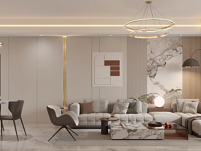 Modern Luxurious Living and Dining Room Interior With Open Concept Sofa Coffee Table And Chandelier 3d model