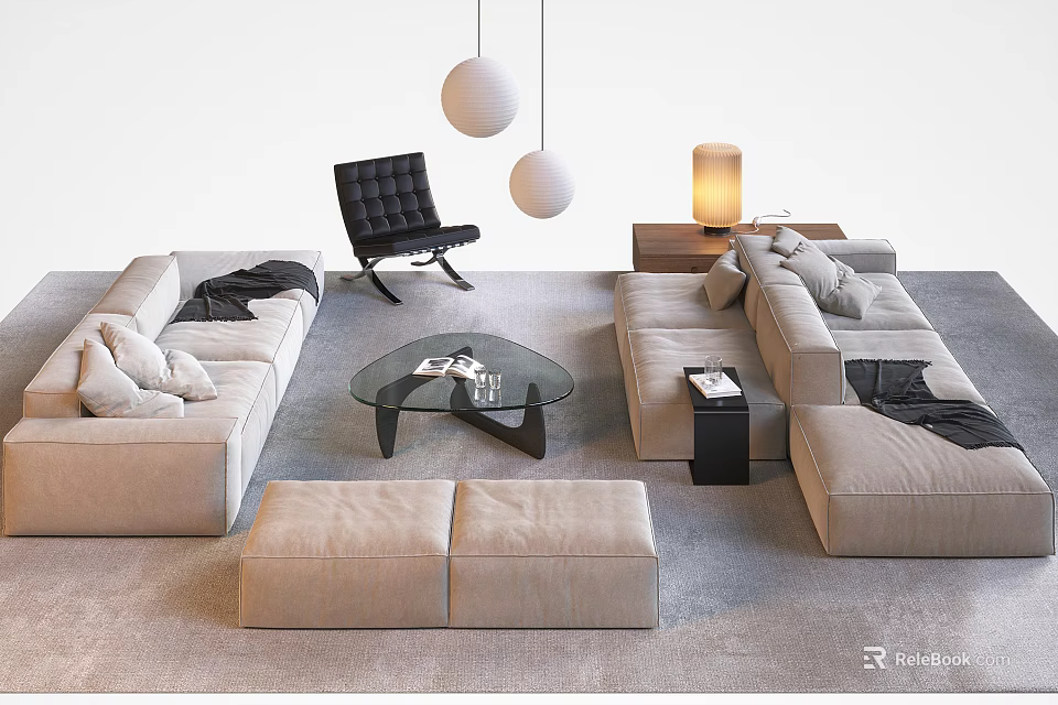 Beige Sectional Sofa and Glass Coffee Table Set with Ottoman Throw Pillows and Floor Lamp 3d model 