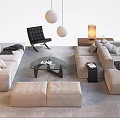 Beige Sectional Sofa and Glass Coffee Table Set with Ottoman Throw Pillows and Floor Lamp